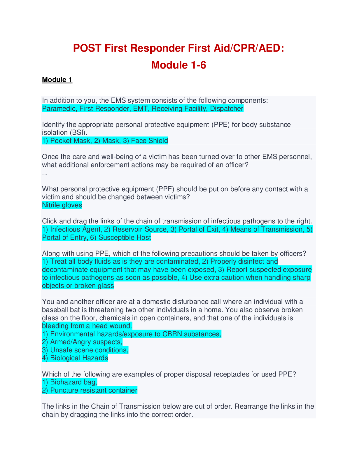 Preview of POST First Responder First Aid/CPR/AED:  Module 1-6 (Questions and Answers)